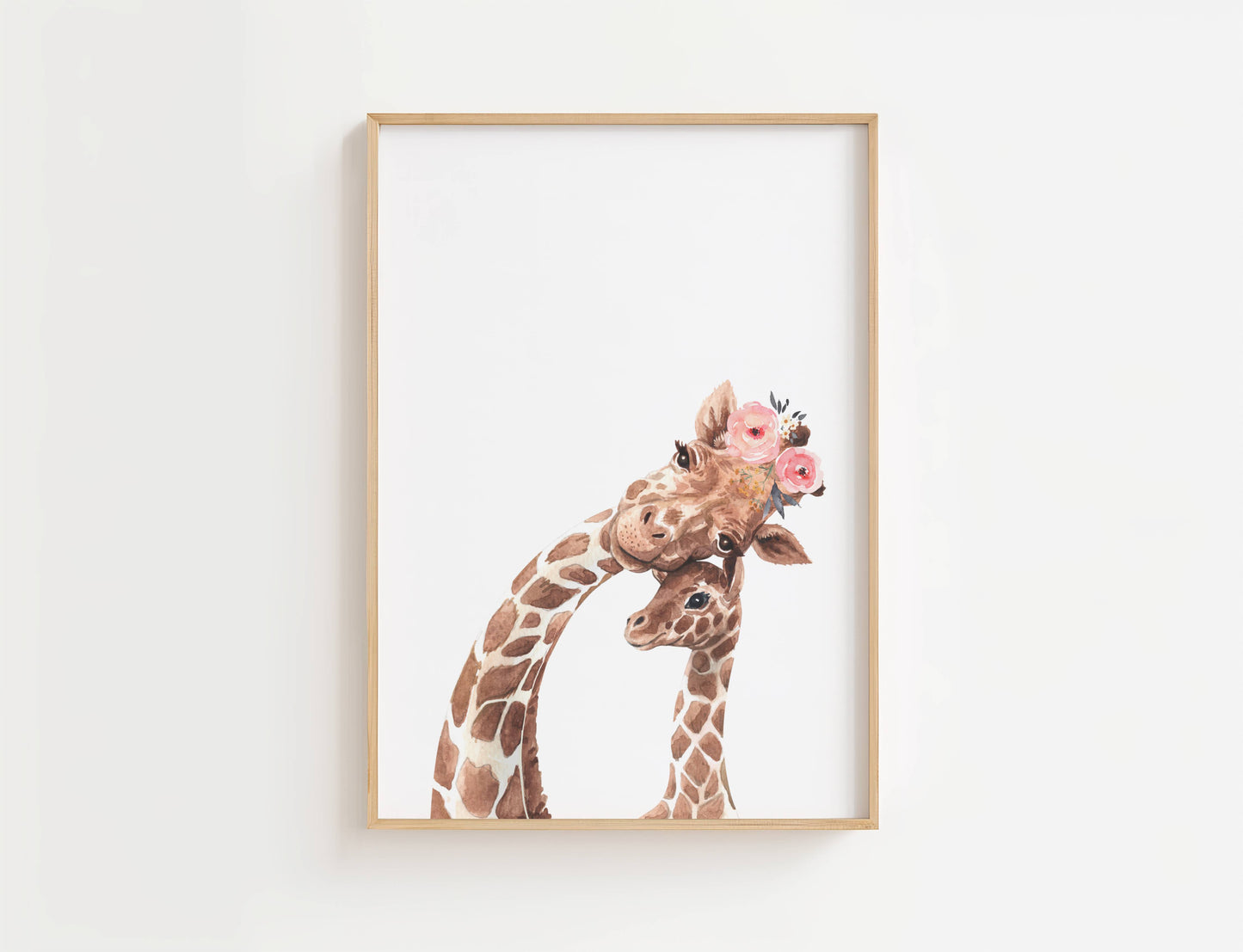 Giraffe with Pink Flower Crown wall art is a high-quality wall decor featuring a mama giraffe wearing a pink floral crown snuggling up to her sweet baby giraffe