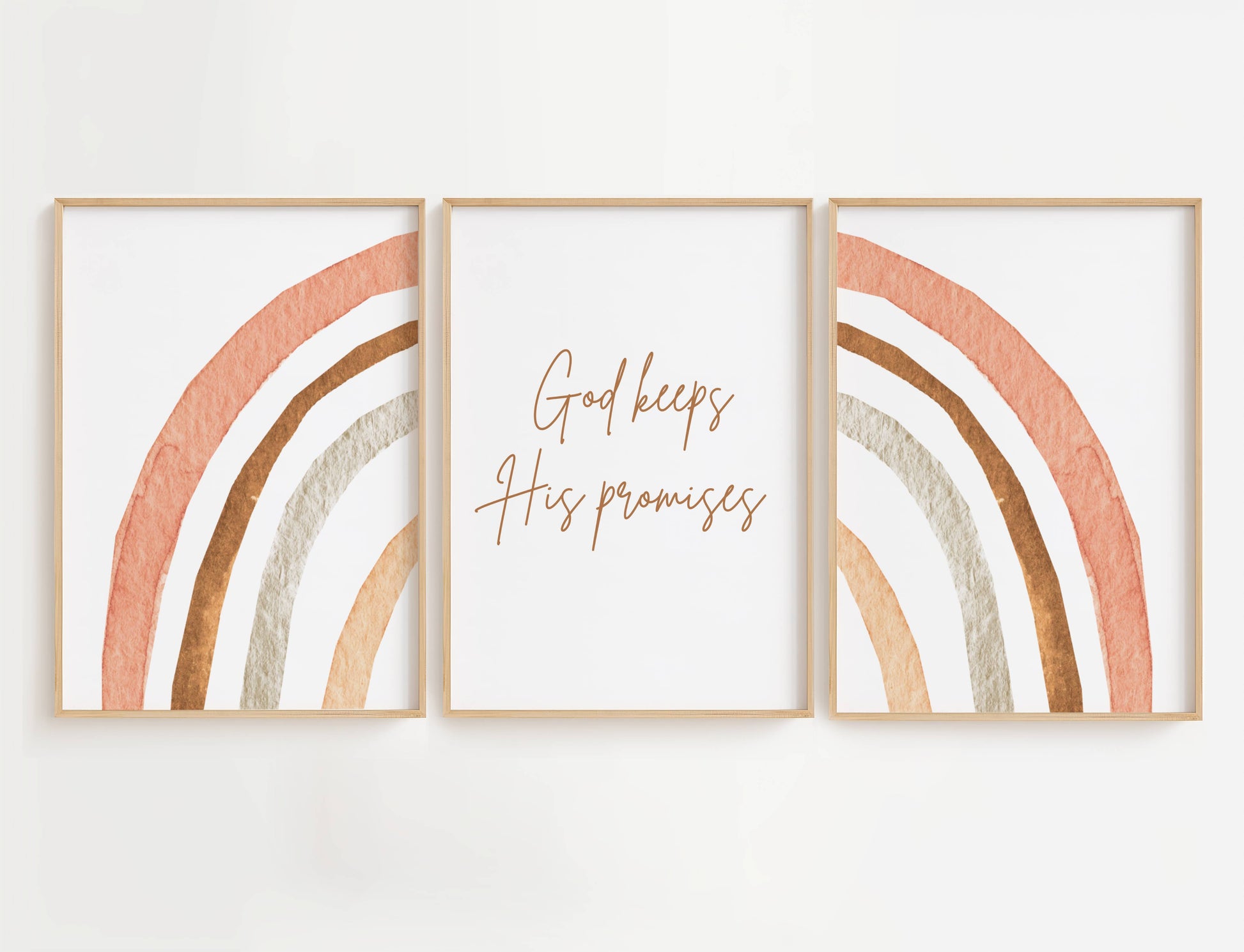 This God Keeps His Promises wall art is a high-quality print featuring a soft, multicolored rainbow in earthy orange, brown, and grey tones, paired with the comforting phrase: “God Keeps His Promises.”