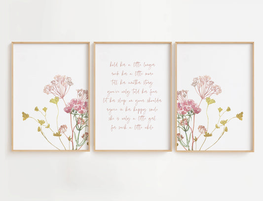 Girl nursery wall art with pink flowers set of 3