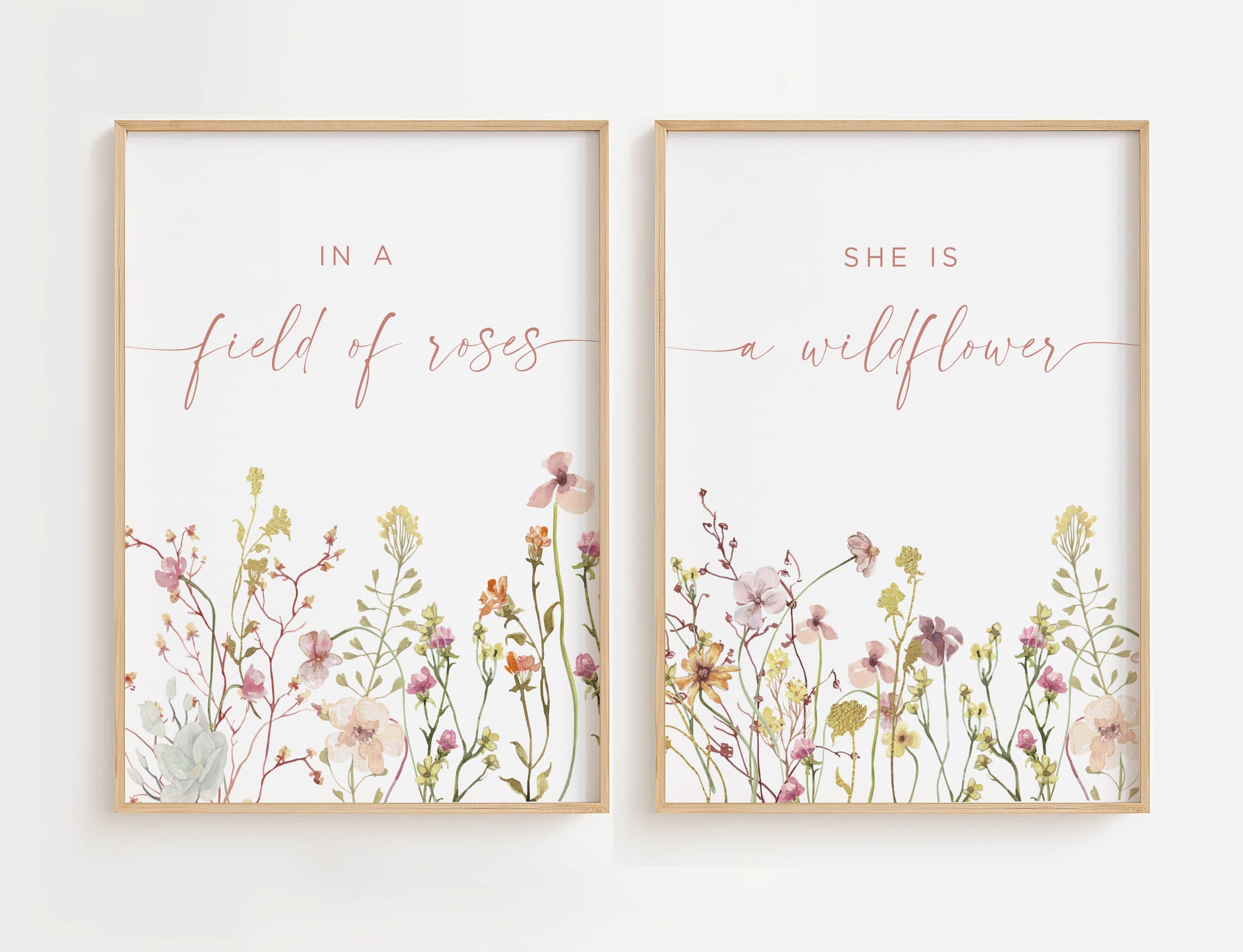 In a Field of Roses, She Is a Wildflower Nursery Print Set with colorful botanicals