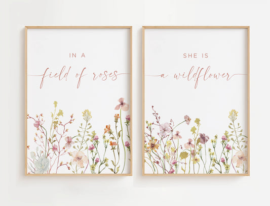 In a Field of Roses, She Is a Wildflower Nursery Print Set with colorful botanicals