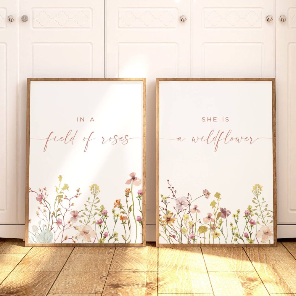 girl nursery wall art set of 2 with wildflowers