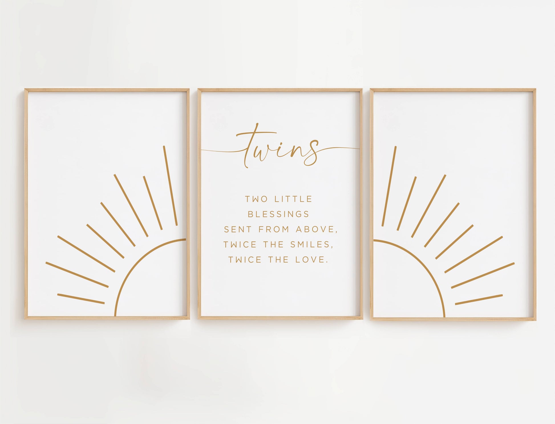 Twin Nursery Sunshine wall art is a high-quality printable wall decor set featuring a modern, boho style sunshine to complete the look of your twins' room.