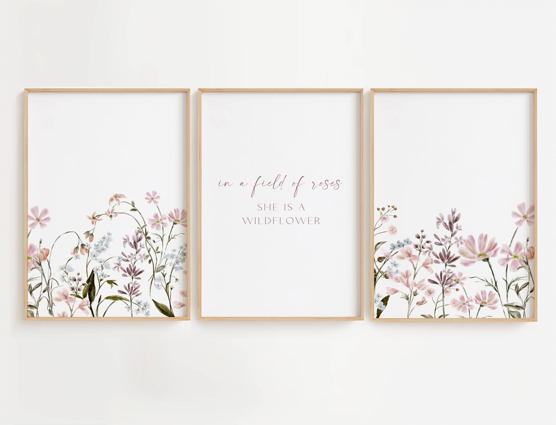 In a Field of Roses She is a Wildflower Wall Art Set of 3 with pink and lavender flowers