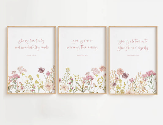 Bible Verse Nursery Wall Art Set of 3 with pink and purple wildflowers