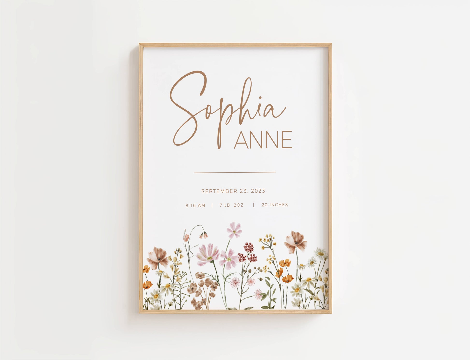 girl nursery wall art with wildflowers and birth details