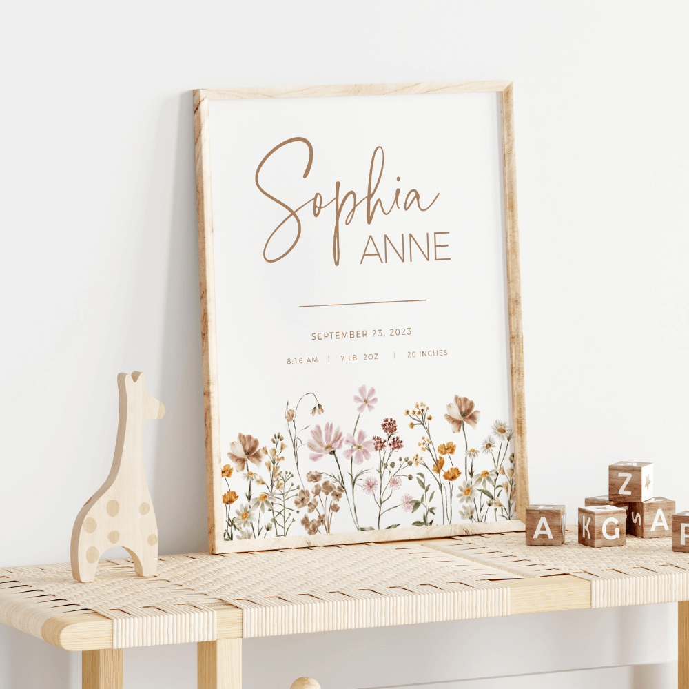 girl nursery wall art with wildflowers and birth details