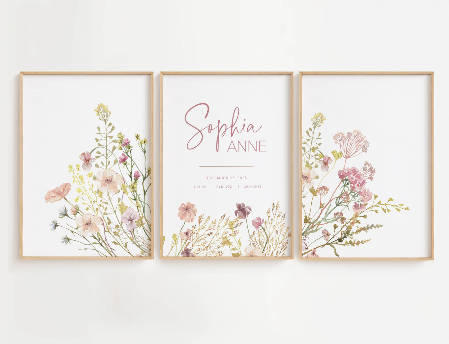 Personalized Wildflower Nursery Print Set with pink and purple flowers