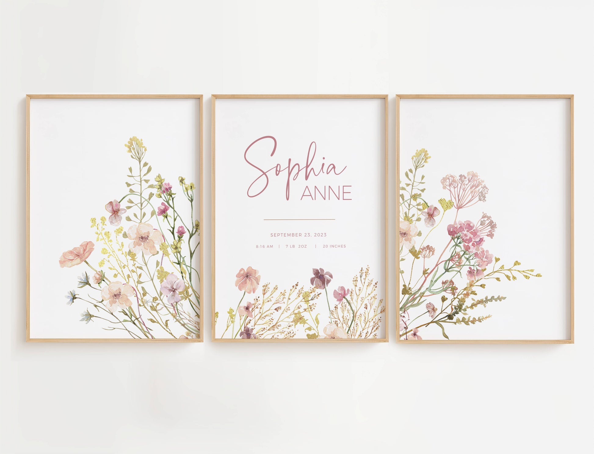 Personalized Wildflower Nursery Print Set with pink and purple flowers