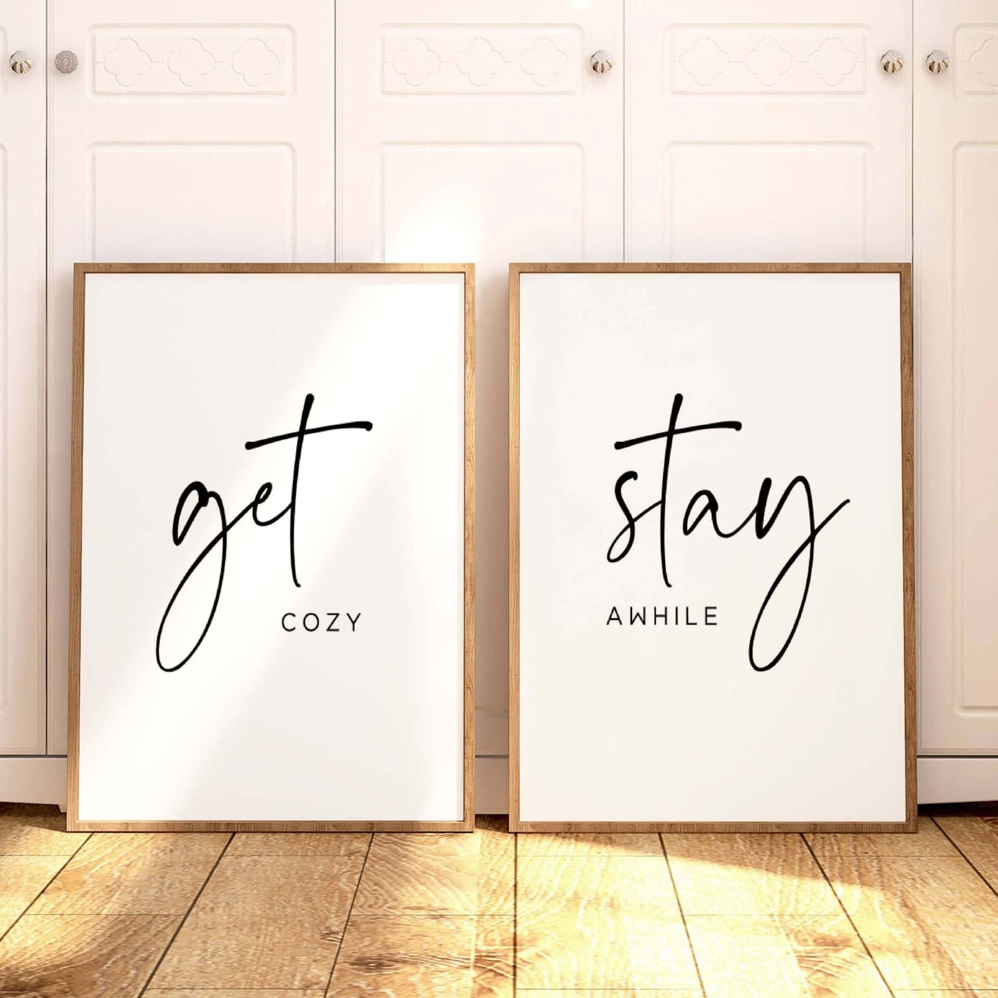 Get Cozy Stay Awhile bedroom wall art set of 2 prints