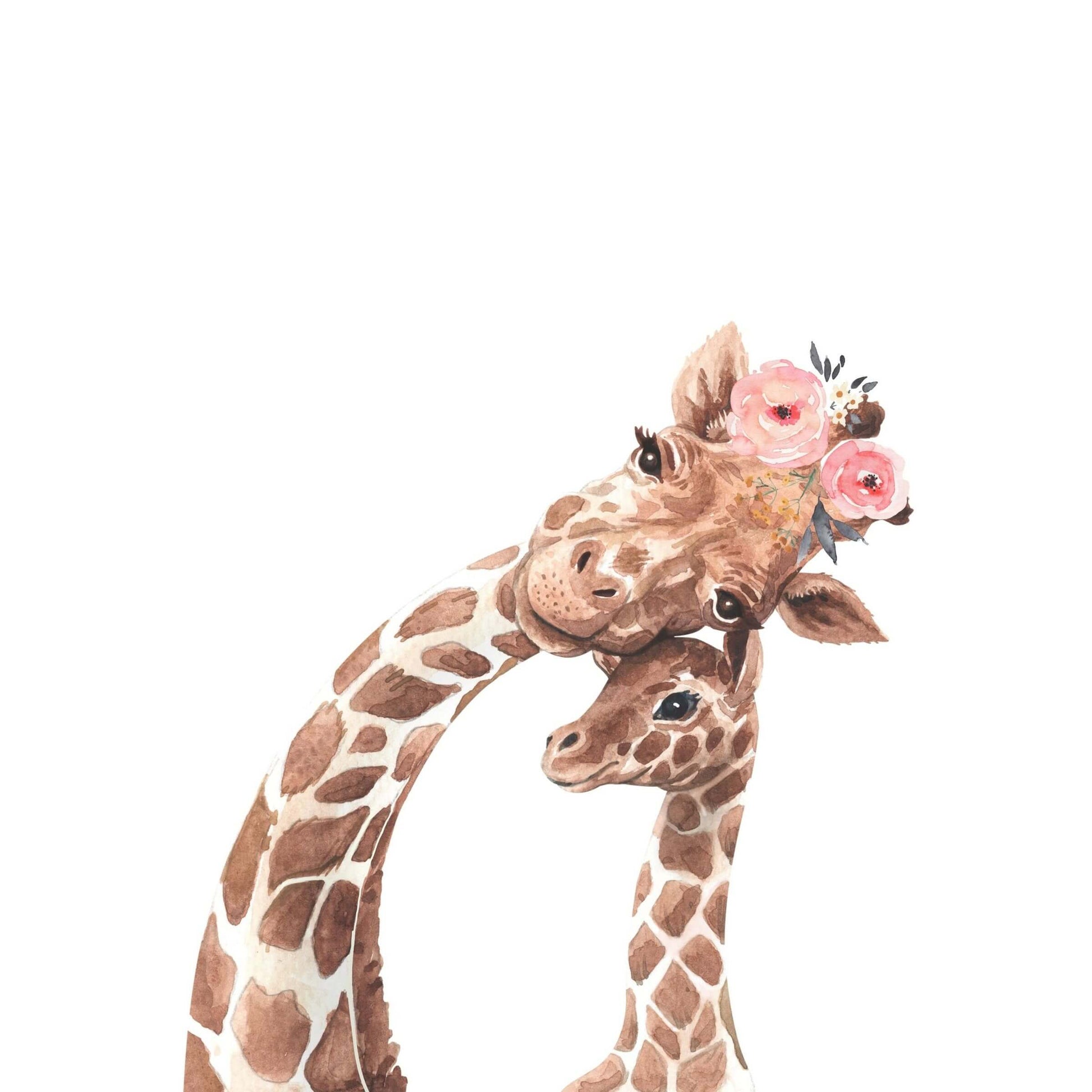 Giraffe with Pink Flower Crown wall art is a high-quality wall decor featuring a mama giraffe wearing a pink floral crown snuggling up to her sweet baby giraffe