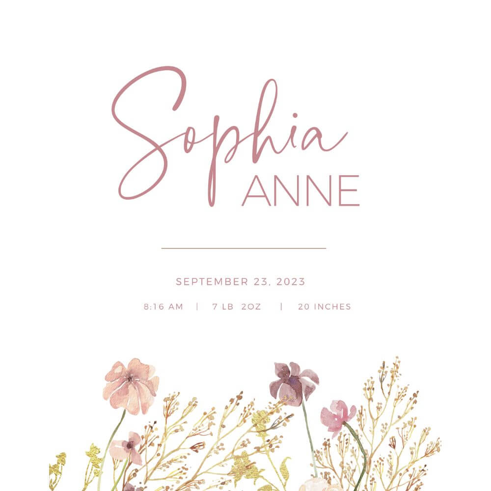 Personalized Wildflower Nursery Print Set with pink and purple flowers