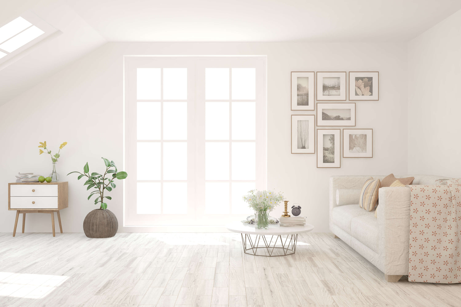 living room with wall art and minimal modern decor