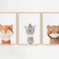 animal wall art for nursery with brown bear, a zebra and orange fox. 