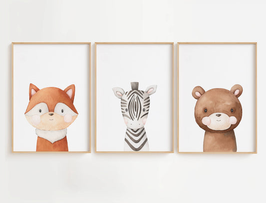 animal wall art for nursery with brown bear, a zebra and orange fox. 