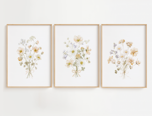 Flower Print Set of 3, Vintage Floral Decor, Cottage Wall Art, Neutral Decor for Living Room Gift