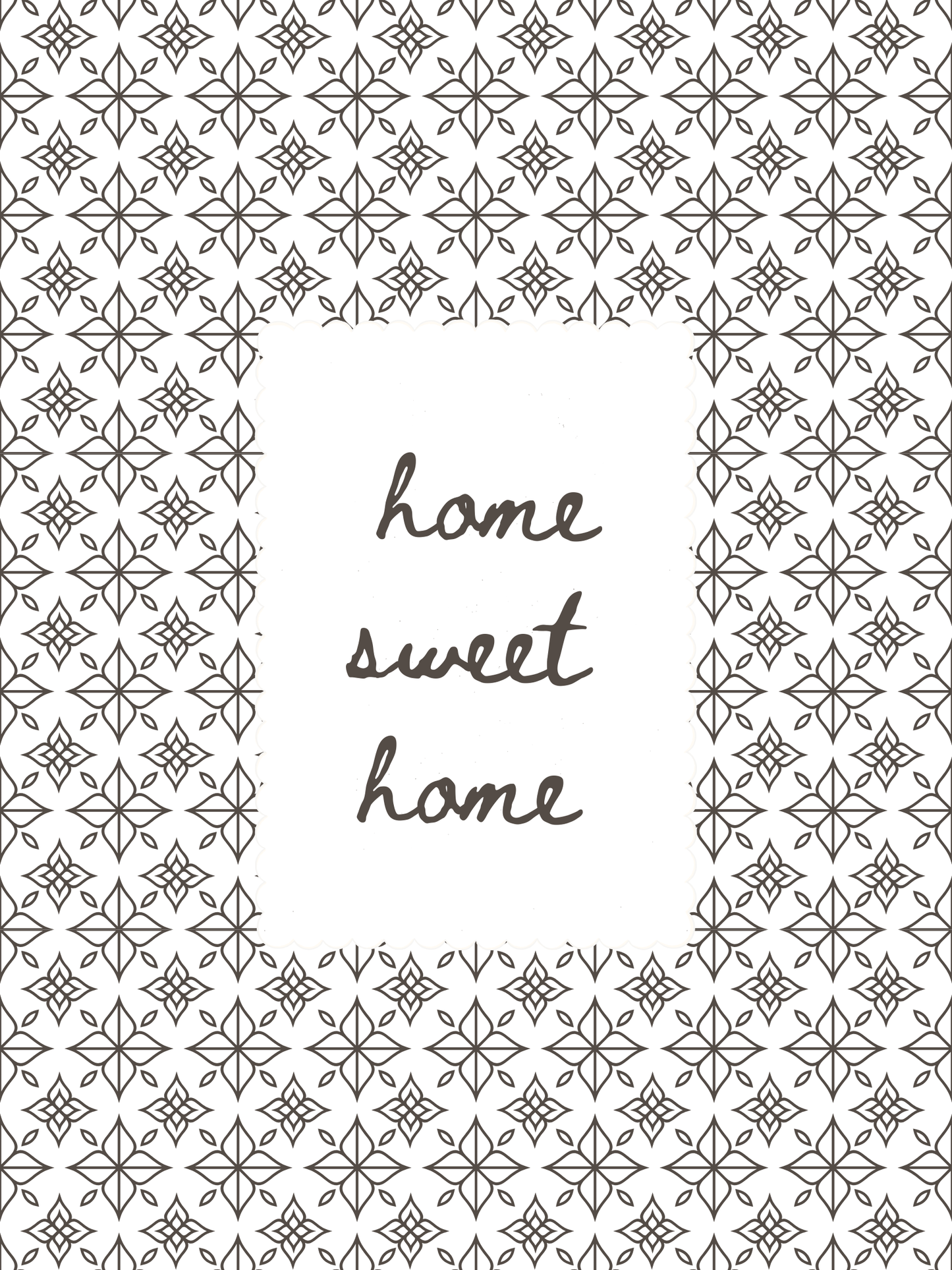 Decorative design with 'home sweet home' text surrounded by geometric patterns on a white background.