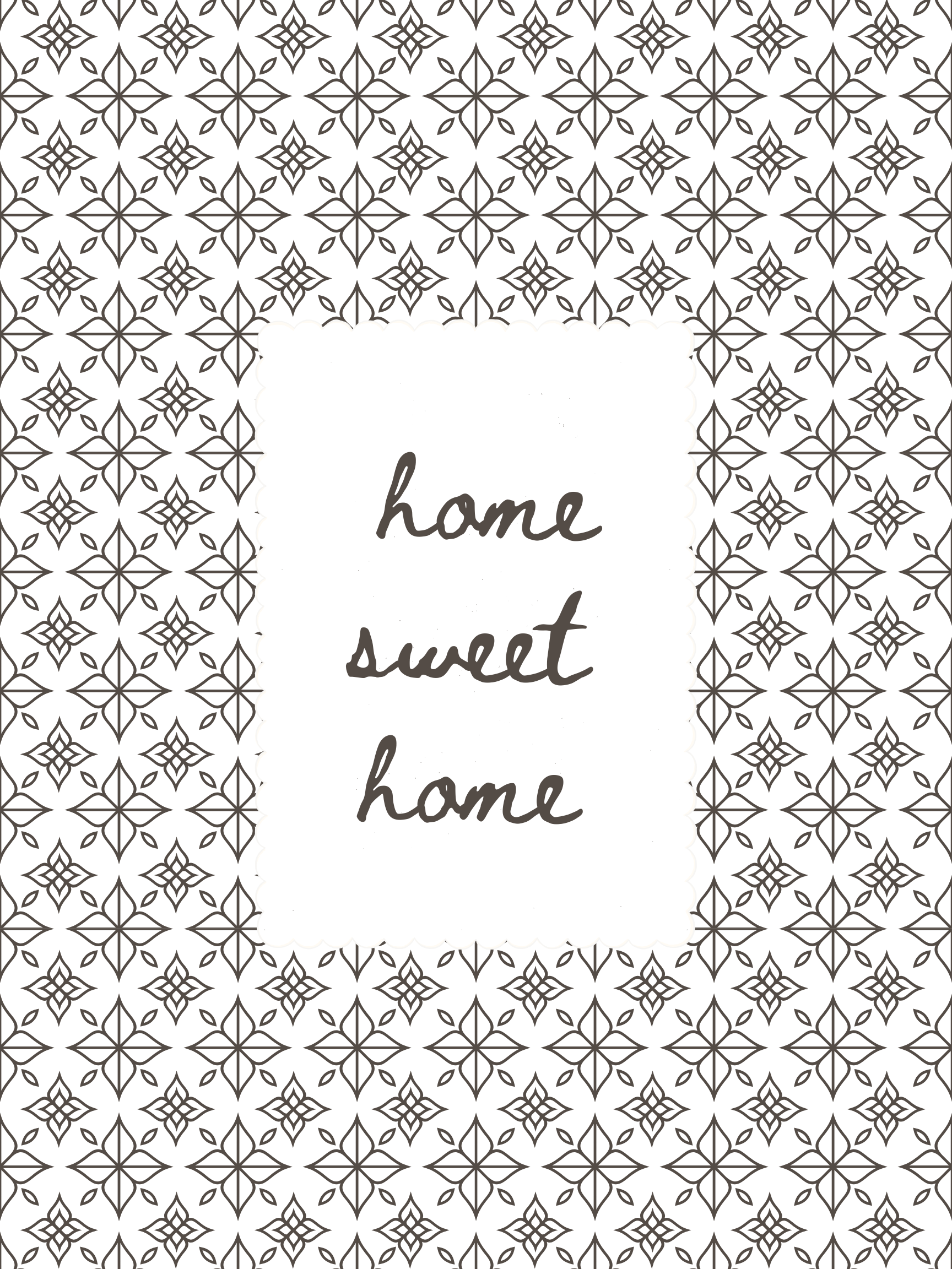 Decorative design with 'home sweet home' text surrounded by geometric patterns on a white background.