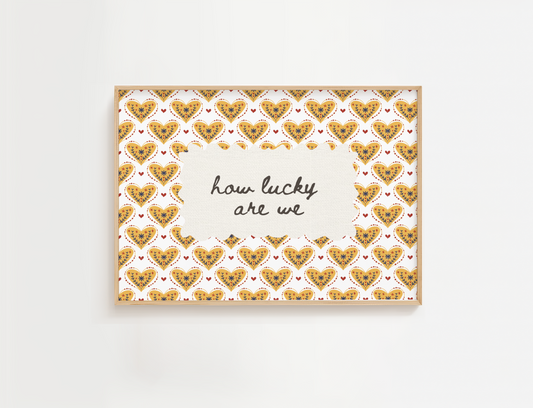 Happiness Quote Print, How Lucky Are We Sign, Retro Welcome Wall Art, Bohemian Wall Decor