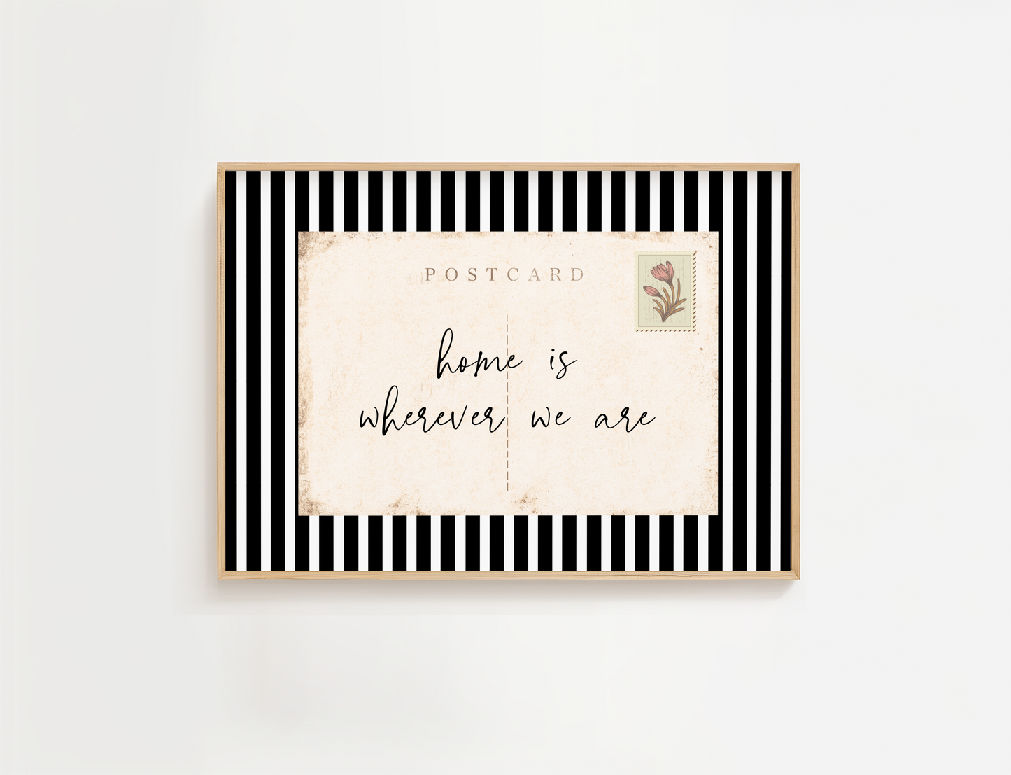 Framed postcard with 'home is wherever we are' text on a white background