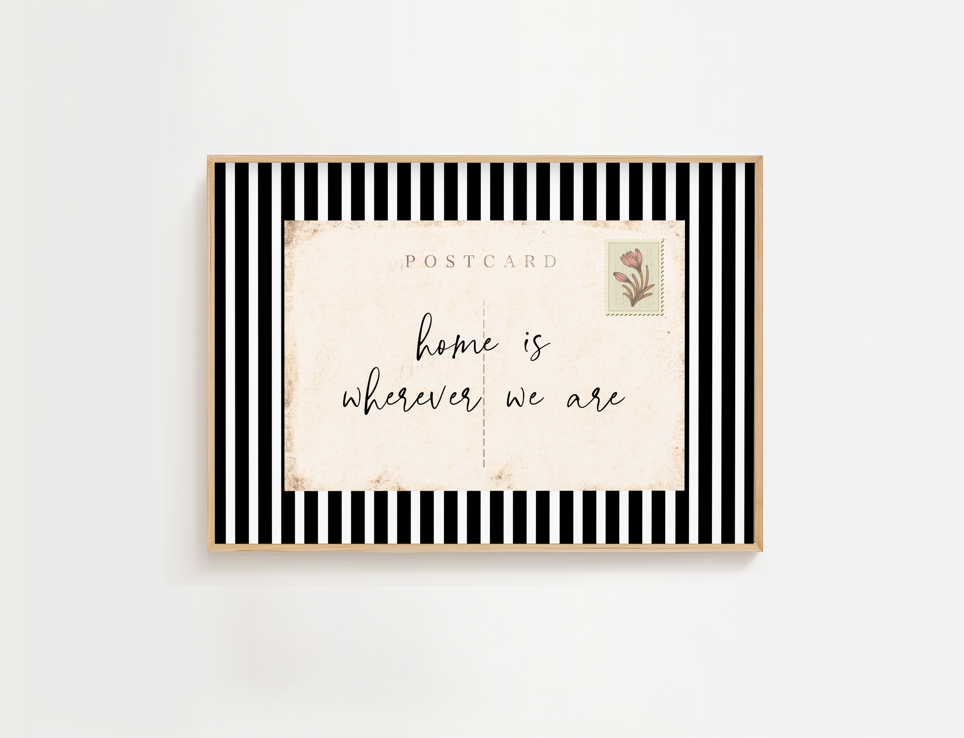 Framed postcard with 'home is wherever we are' text on a white background