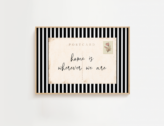 Framed postcard with 'home is wherever we are' text on a white background