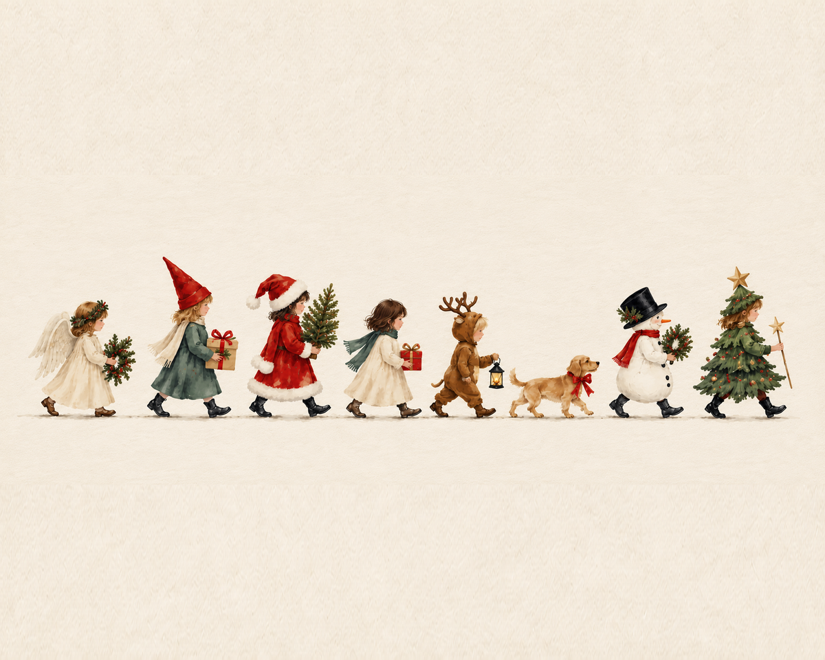 Vintage Christmas wall art featuring a whimsical watercolor parade of children dressed as an angel, Santa, reindeer, snowman, and Christmas tree with a small dog.