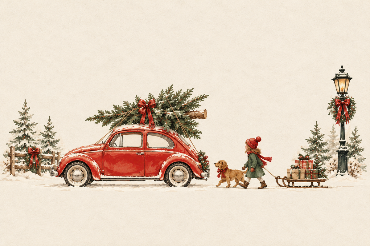 Vintage Christmas wall art featuring a red VW Beetle with a Christmas tree, child, golden dog and gift-filled sled in snow.