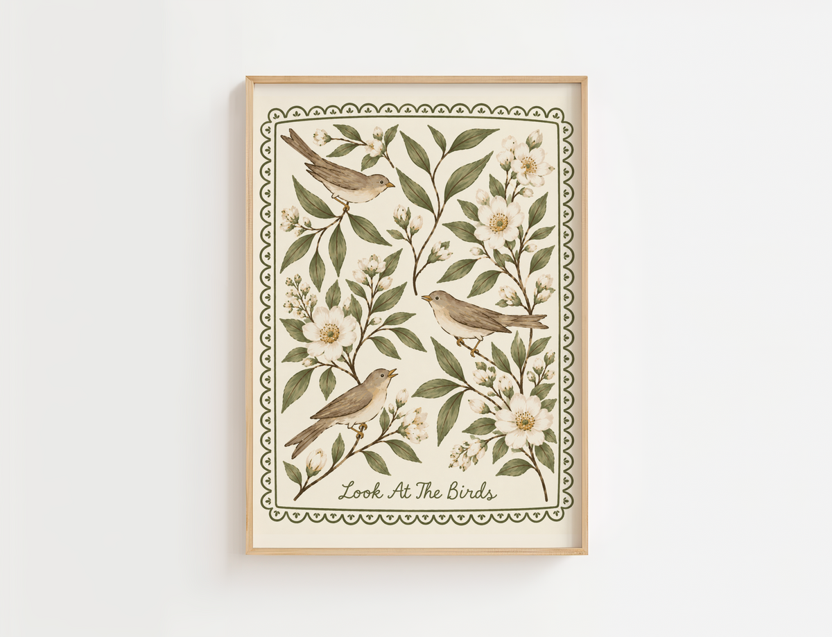 Look At The Birds Christian wall art featuring three brown songbirds among white blossoms and sage green leaves, framed by a vintage olive green floral border.