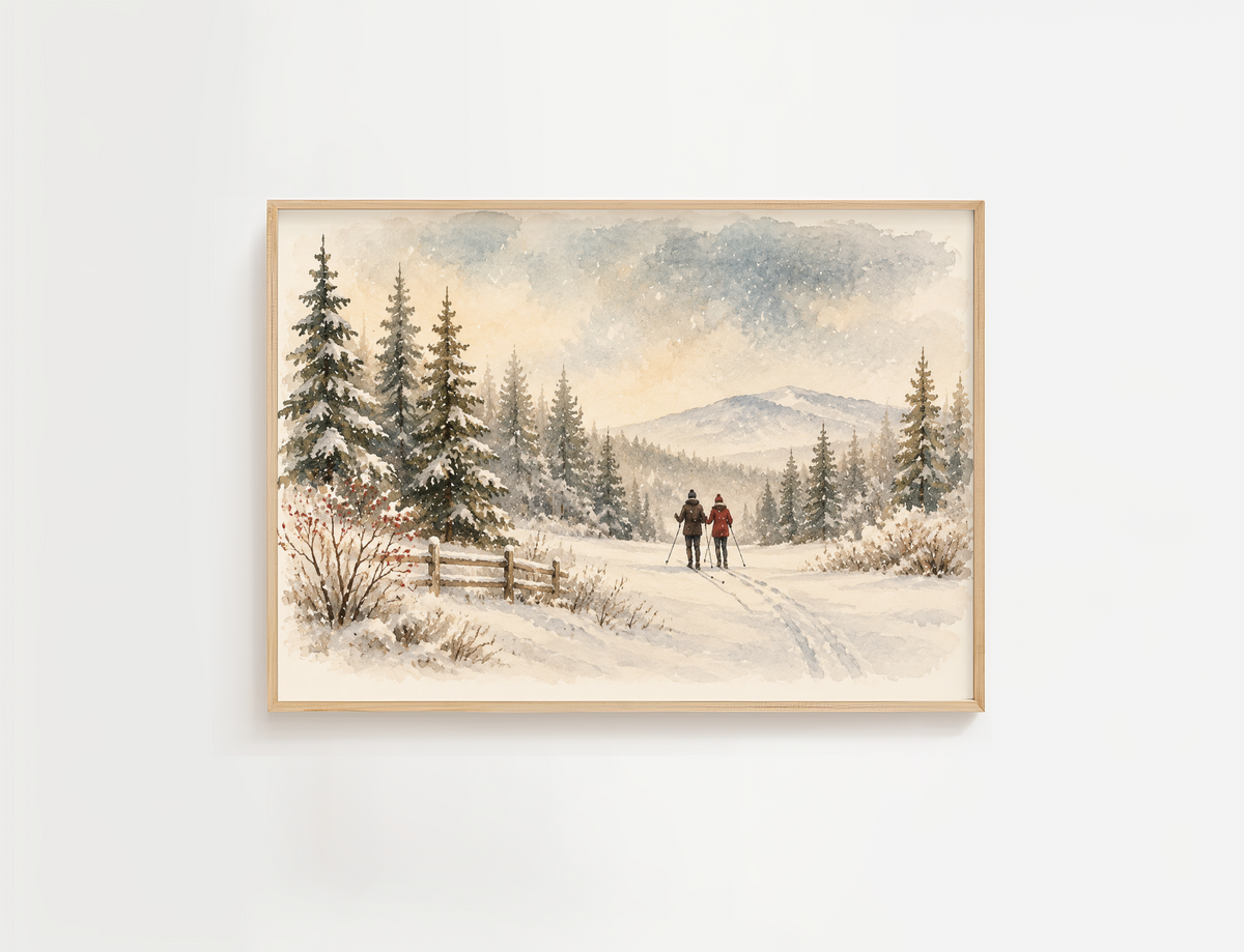 Winter Landscape Wall Art – Vintage Snowy Forest Ski Print