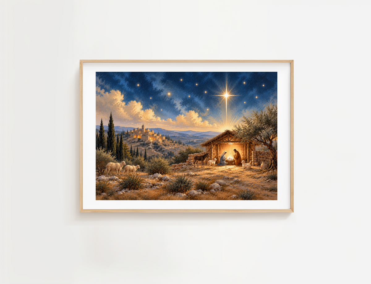 Nativity wall art depicting Mary, Joseph, and baby Jesus beneath the radiant Star of Bethlehem, with sheep and a glowing village under a blue night sky.