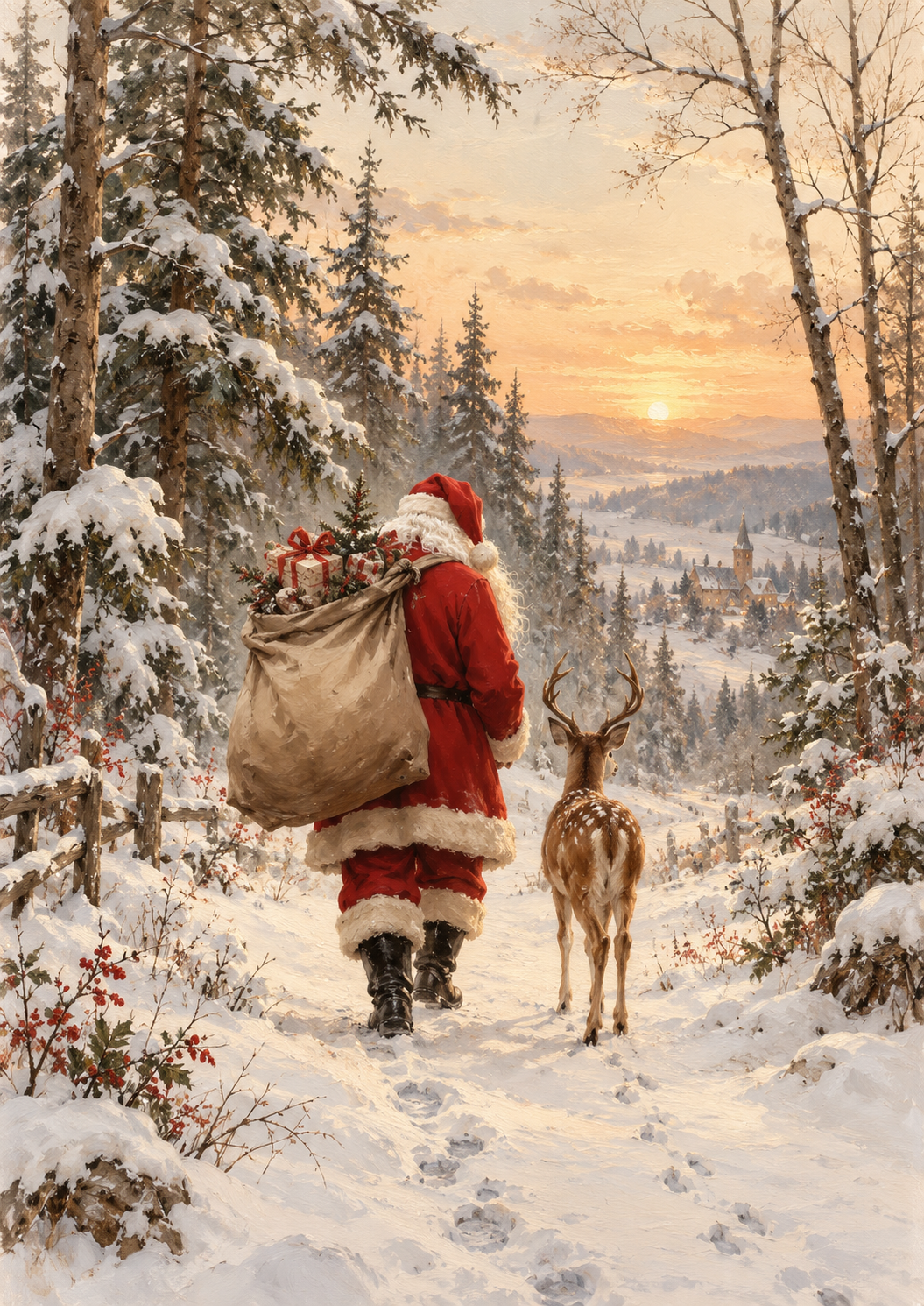 Vintage Christmas print of Santa and a reindeer 