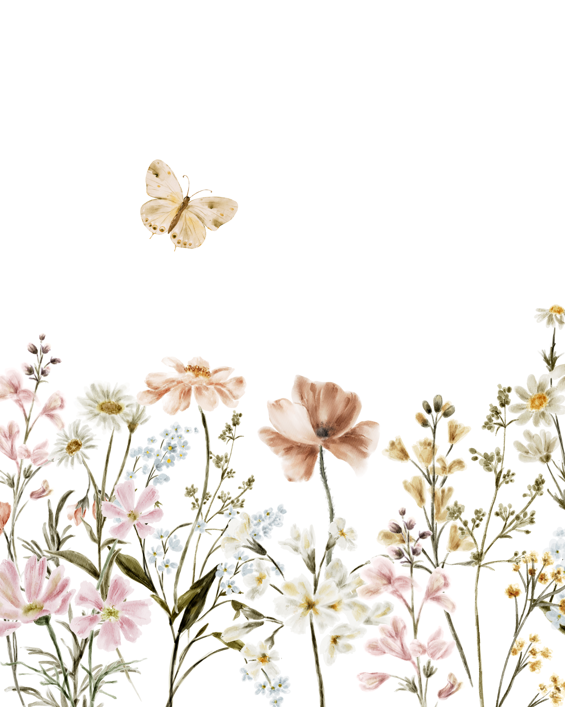Butterflies and Neutral Flowers Wall Art. Featuring soft watercolor blooms in warm beige, ivory, and taupe tones, paired with delicate butterflies fluttering gracefully above