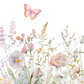 Watercolor illustration of flowers and a butterfly on a white background