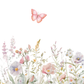 Watercolor floral artwork featuring a pink butterfly above a soft border of pastel wildflowers on a white background.