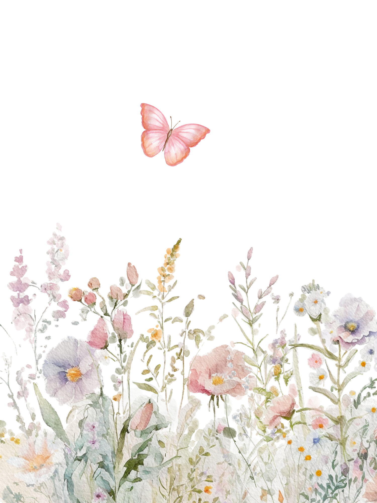 Watercolor floral artwork featuring a pink butterfly above a soft border of pastel wildflowers on a white background.