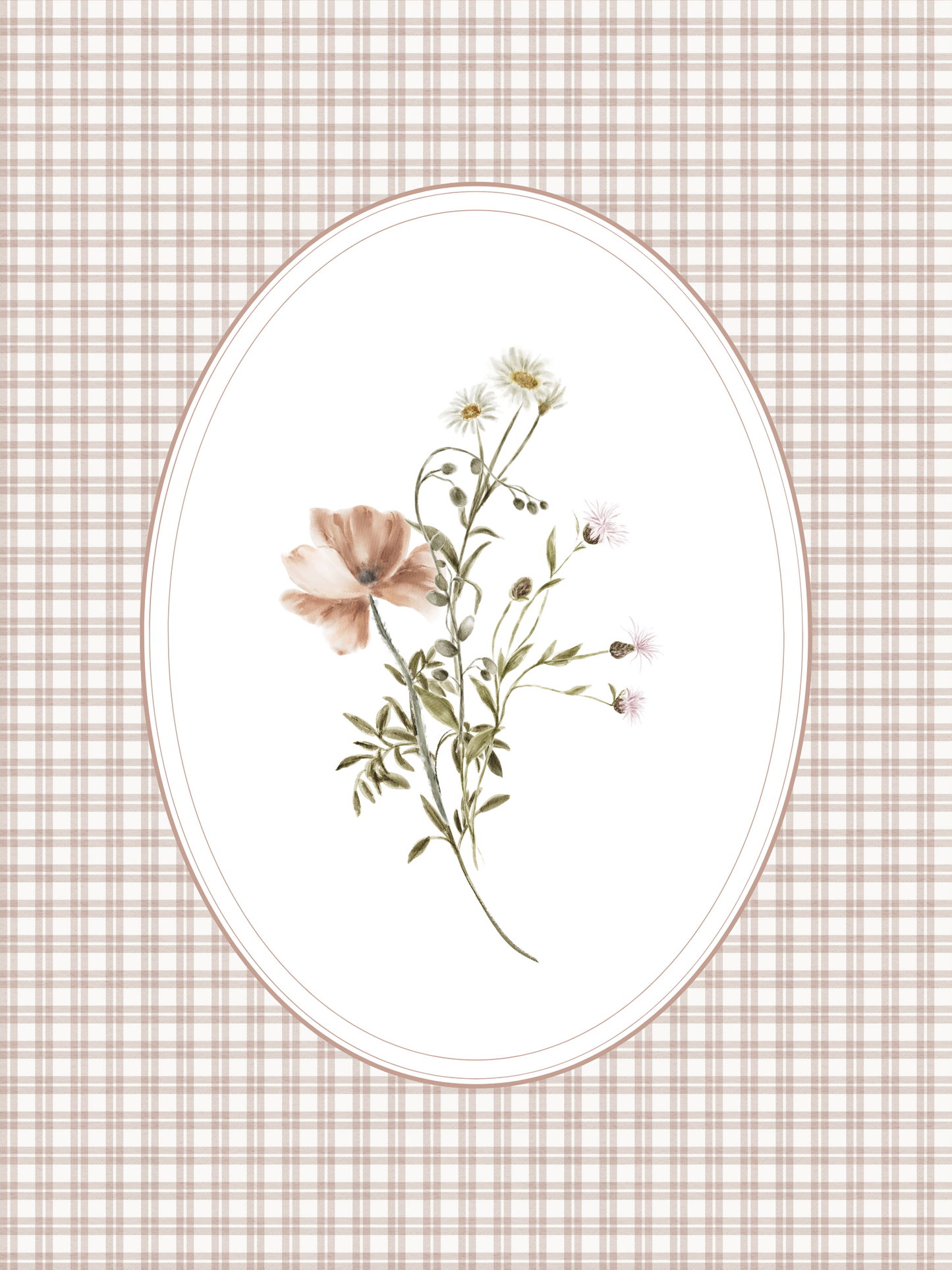 Floral illustration in an oval frame on a checkered background