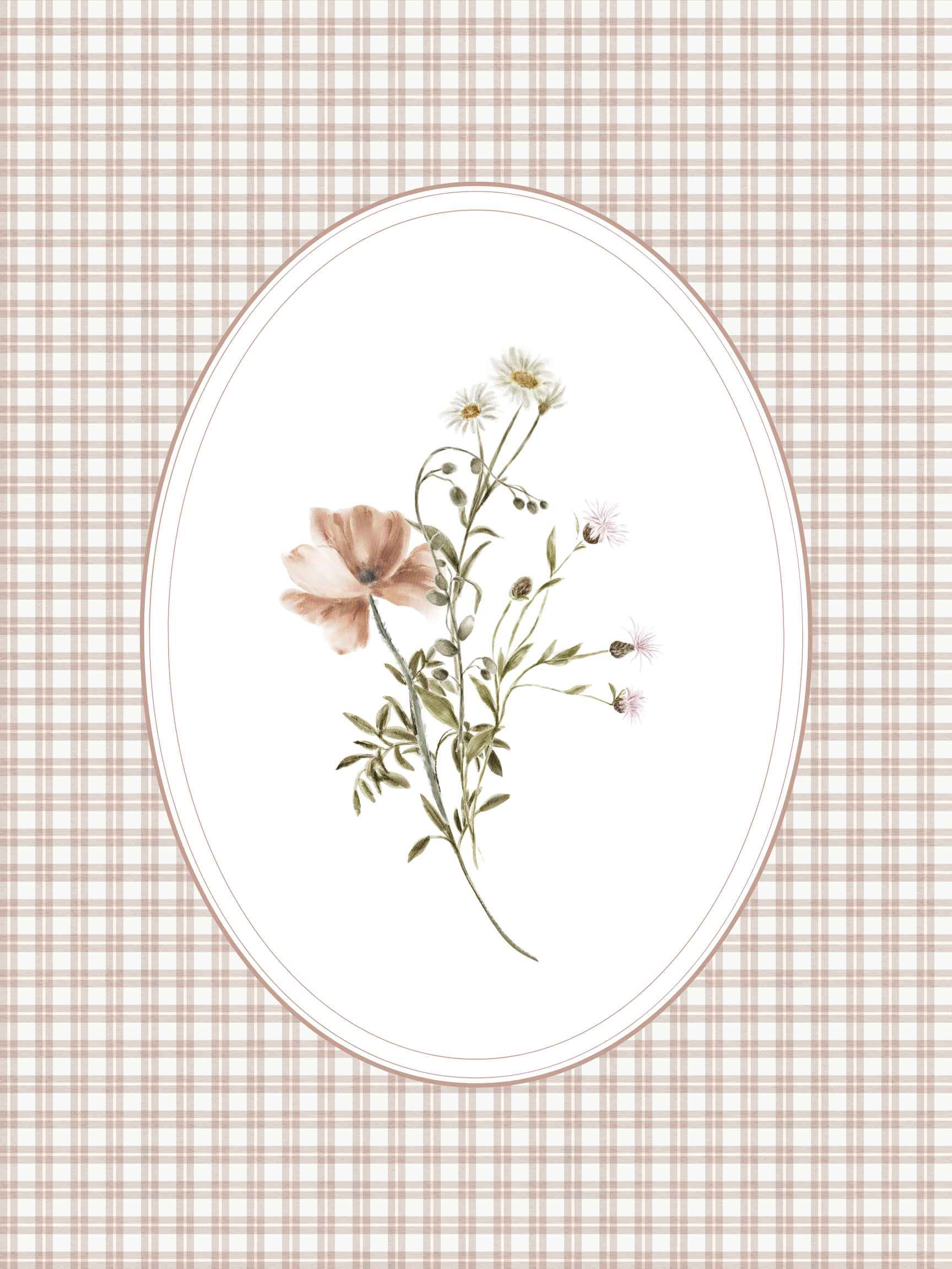 Floral illustration in an oval frame on a checkered background