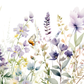 Watercolor-style floral artwork with soft purple, lavender, blue, green, and cream flowers, stems, and a small orange-and-black butterfly on a white background.