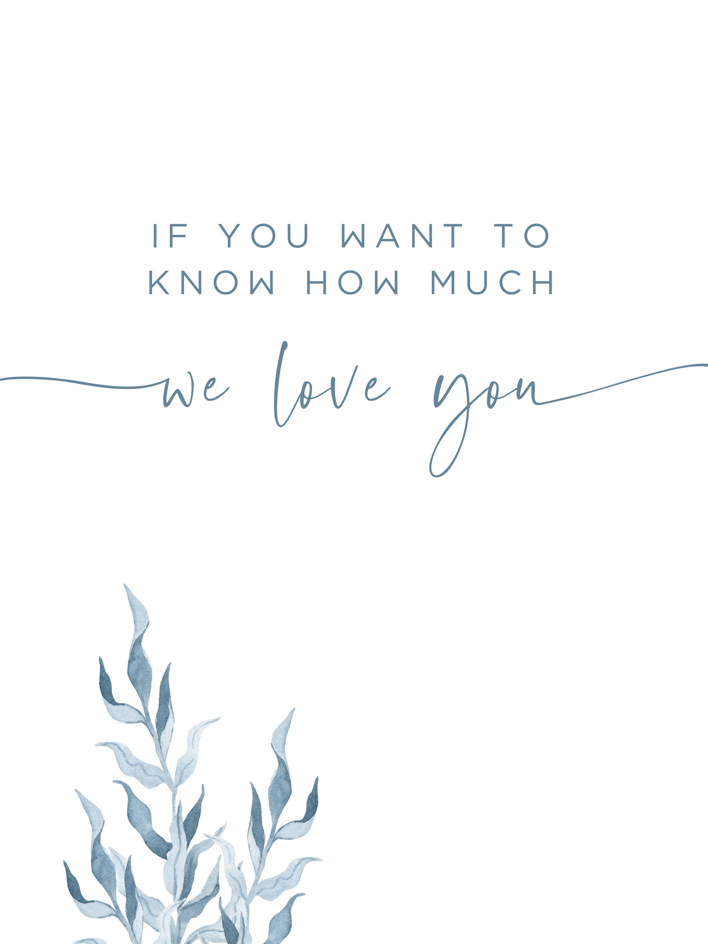 Ocean themed nursery wall art featuring soft watercolor seaweed in layered shades of ocean blue. Also includes the phrase, "If you want to know how much we love you, count all the waves in the sea"