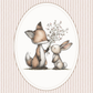 Illustration of a fox and a rabbit holding hands with flowers on a striped background