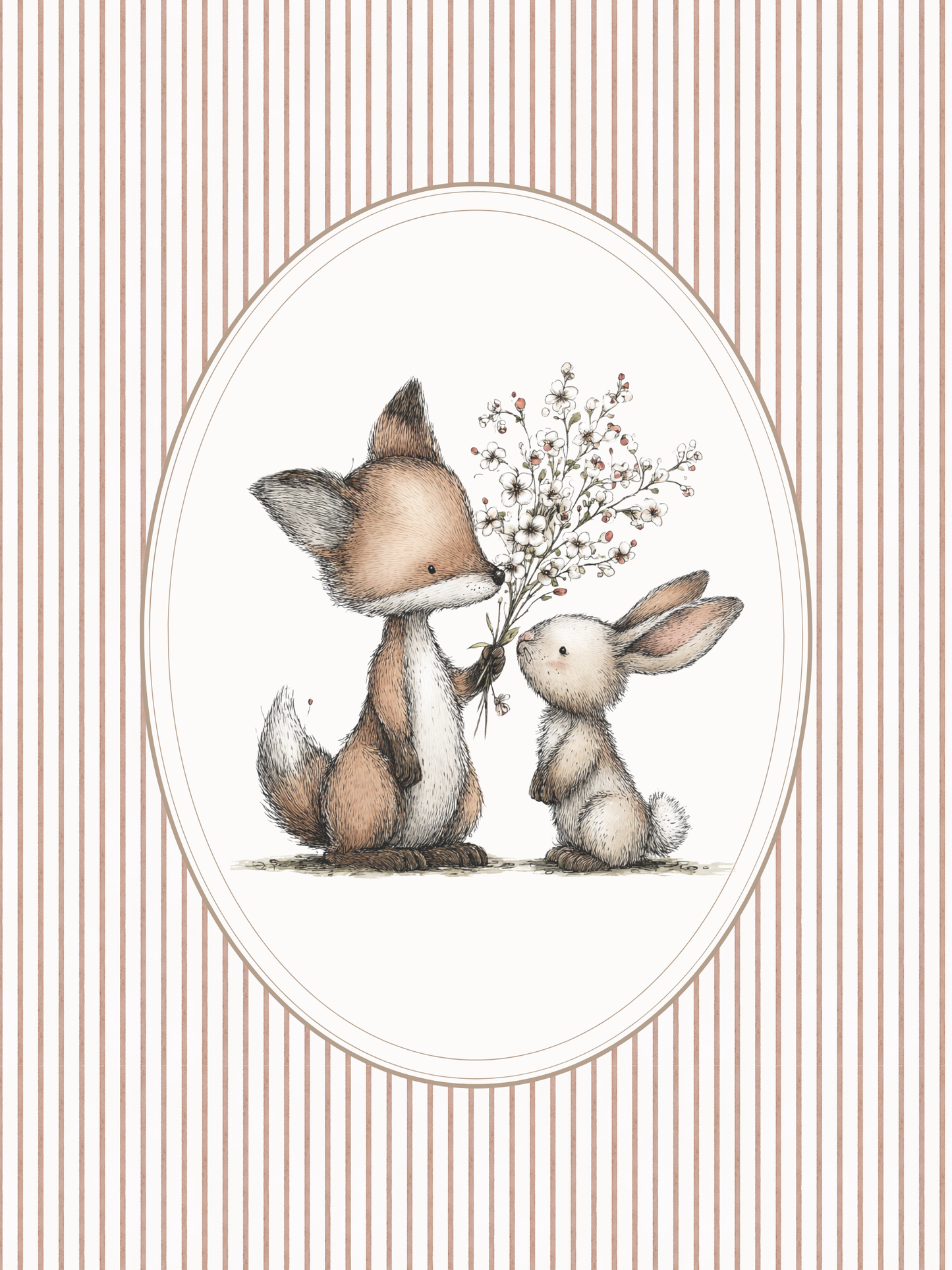 Illustration of a fox and a rabbit holding hands with flowers on a striped background