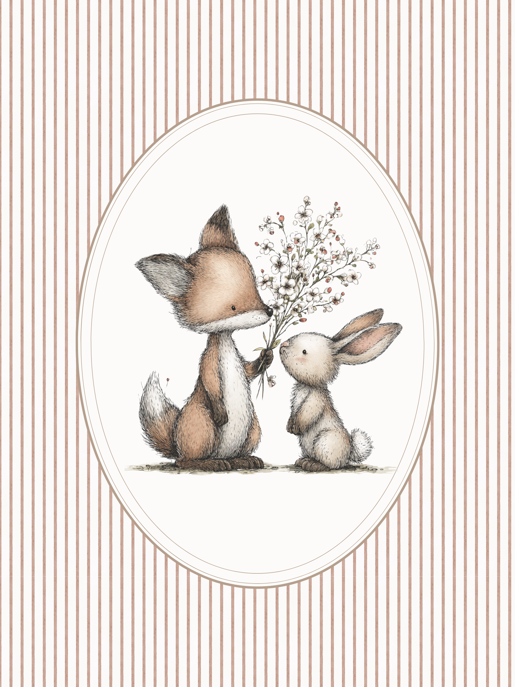 Illustration of a fox and a rabbit holding hands with flowers on a striped background