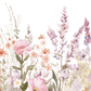 Watercolor illustration of a field of flowers with pink, purple, and green colors on a white background.