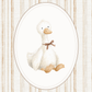 White duck with a brown bow in an oval frame on a striped background
