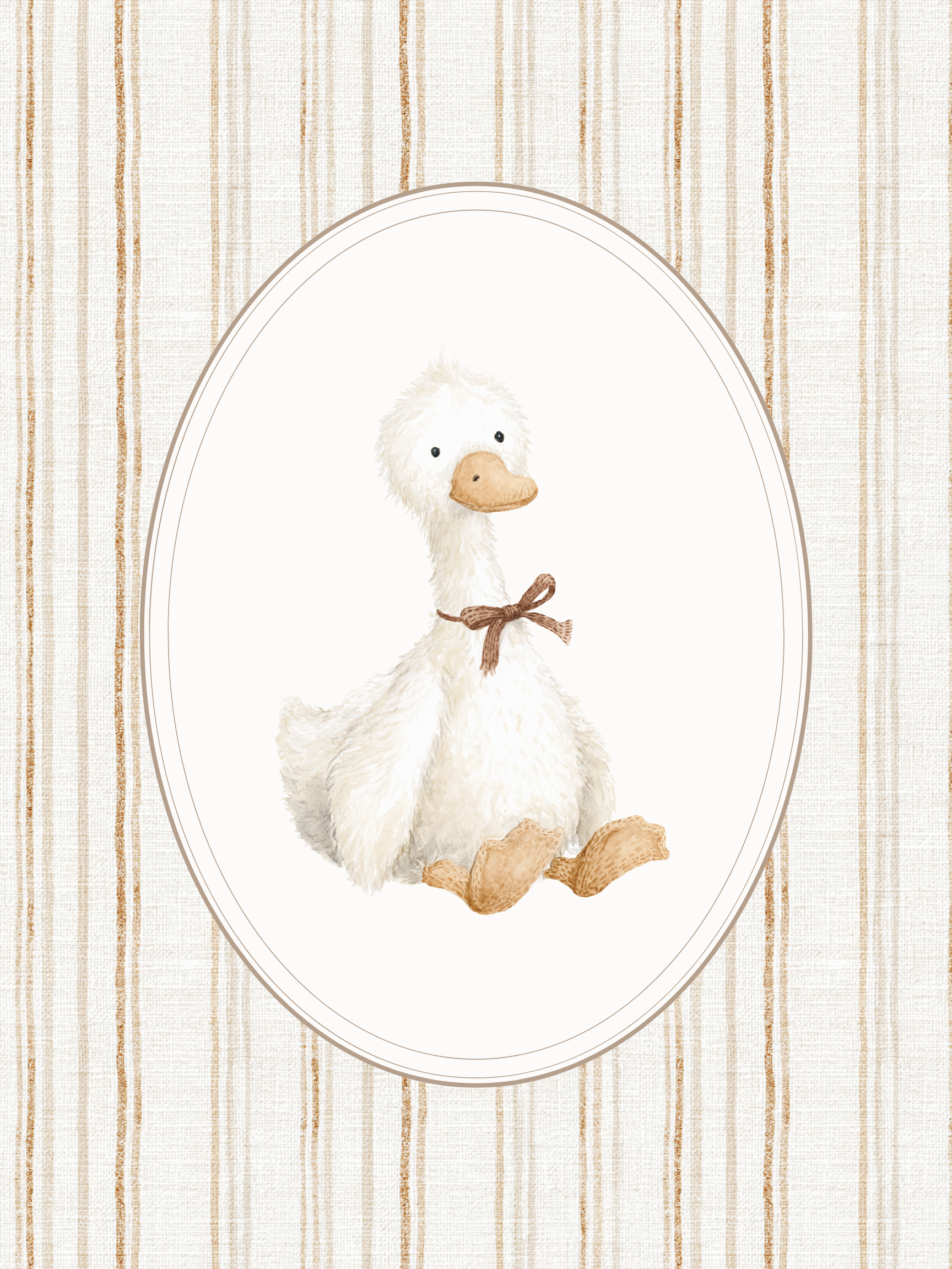 White duck with a brown bow in an oval frame on a striped background