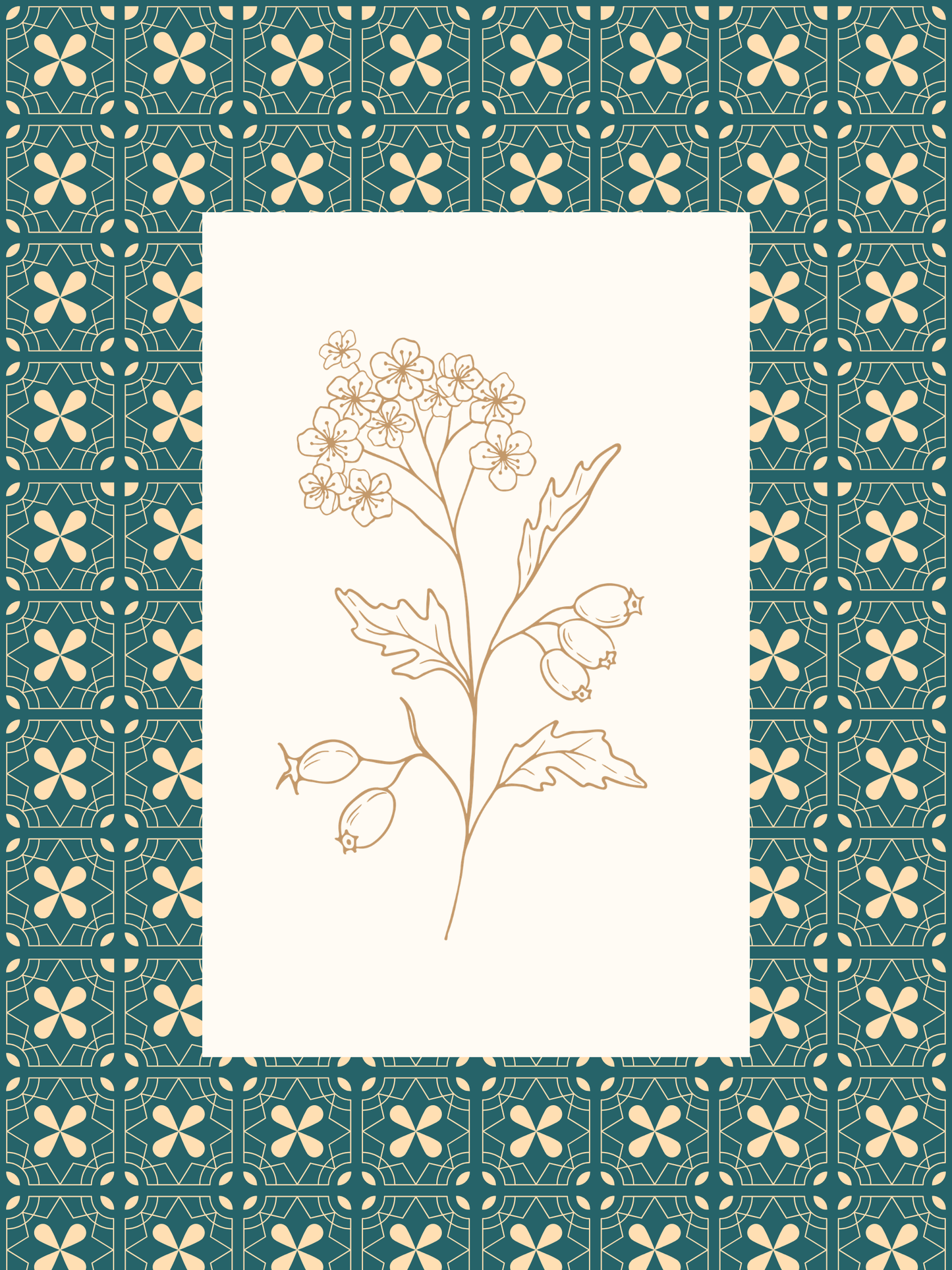 Decorative border with floral patterns and a central botanical illustration on a teal background.