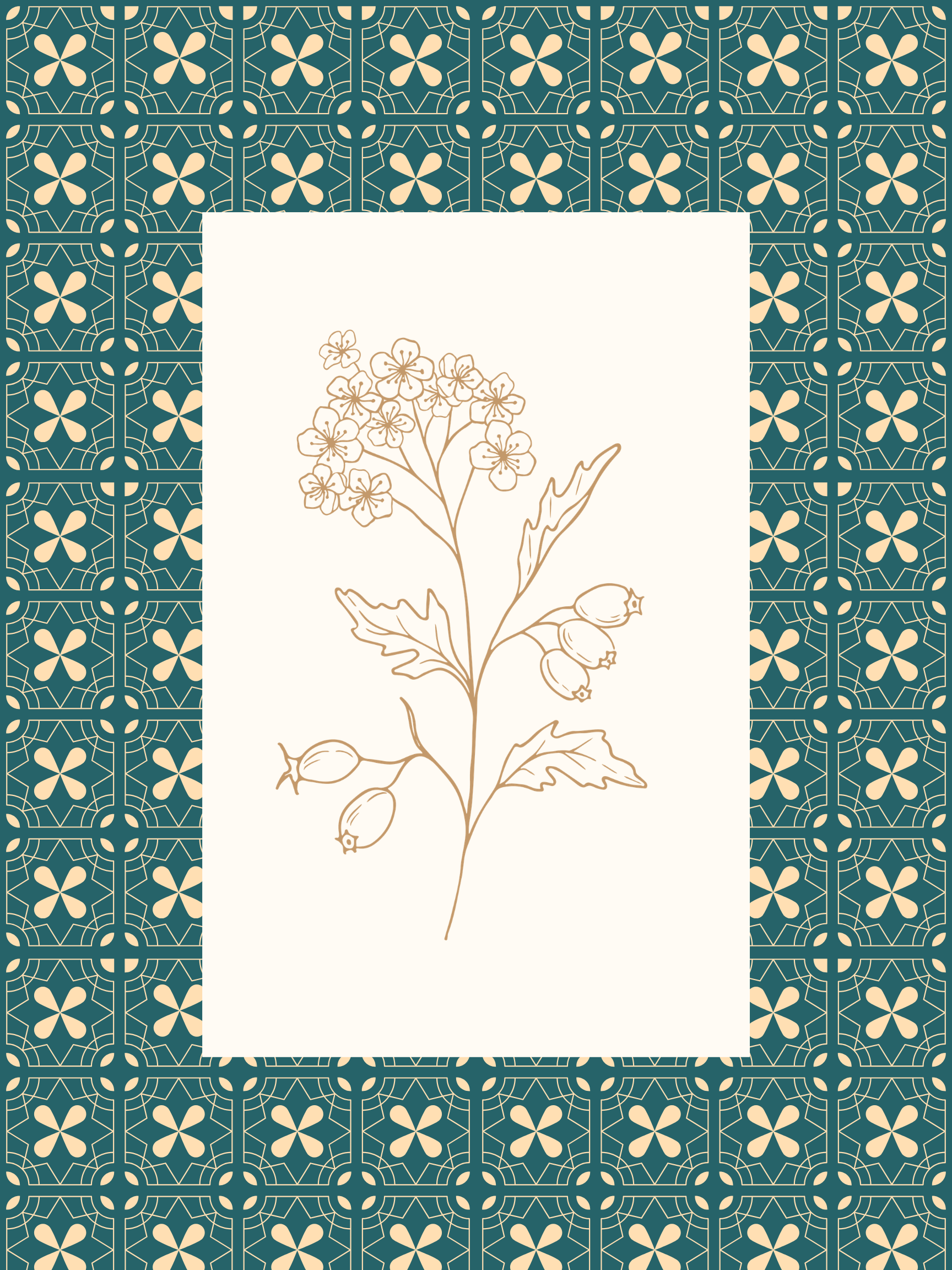 Decorative border with floral patterns and a central botanical illustration on a teal background.