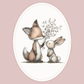 Illustration of a fox and a rabbit holding hands with a bouquet of flowers on a pink background