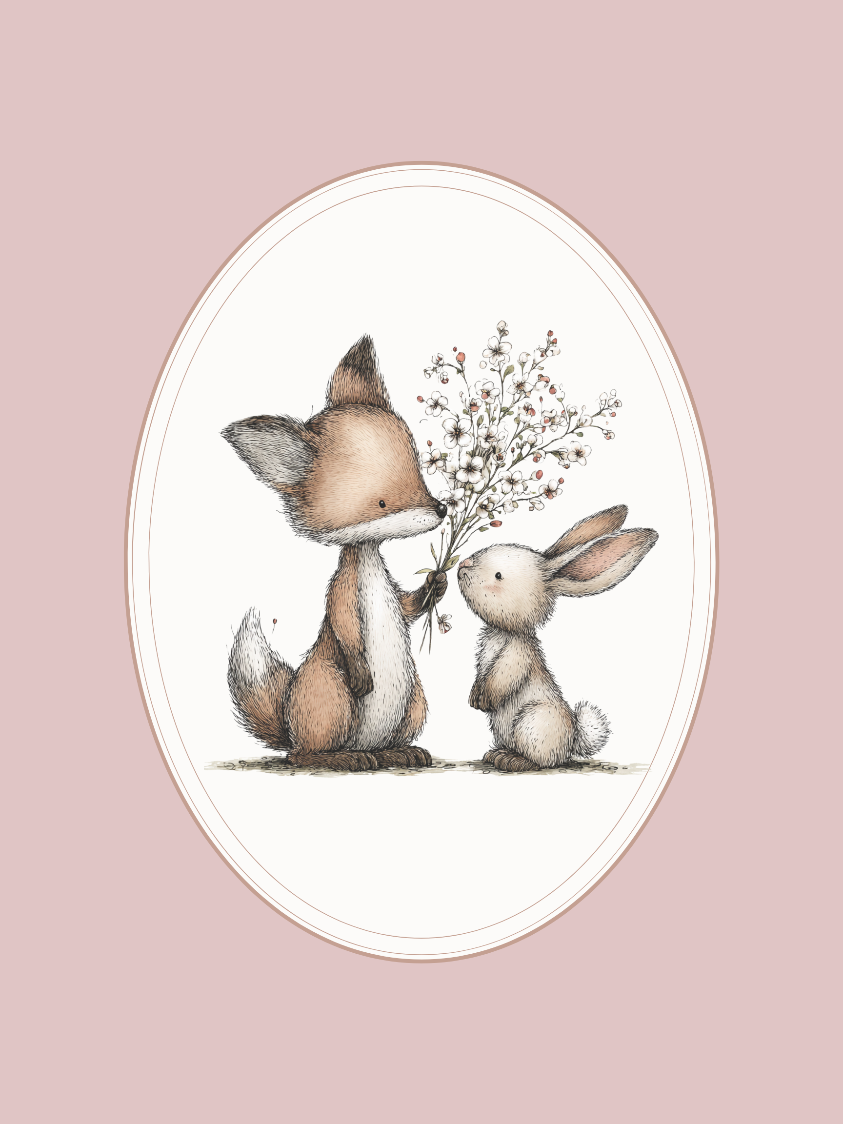 Illustration of a fox and a rabbit holding hands with a bouquet of flowers on a pink background